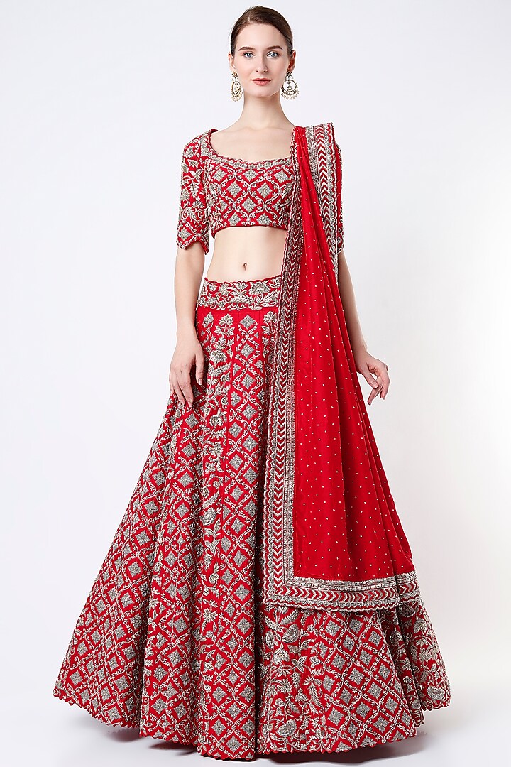 Red Zardosi Embroidered Bridal Lehenga Set by Mrunalini Rao