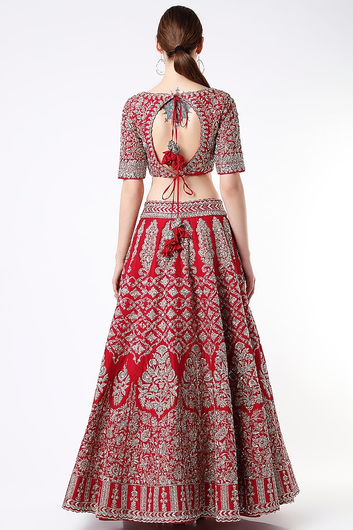 Red Bridal Lehenga Set With Zardosi Embroidery by Mrunalini Rao at Pernia's Pop Up Shop