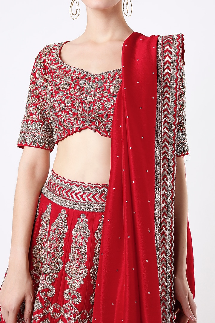Red Bridal Lehenga Set With Zardosi Embroidery by Mrunalini Rao at Pernia's Pop Up Shop