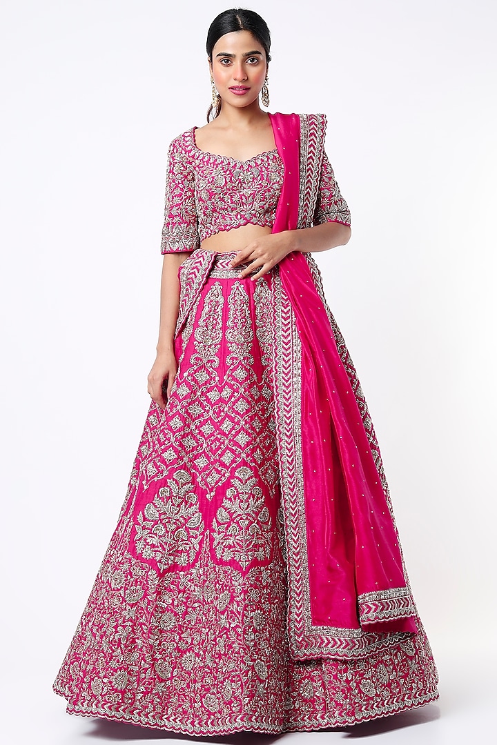 Fuchsia Raw Silk Zardosi Embroidered Lehenga Set by Mrunalini Rao