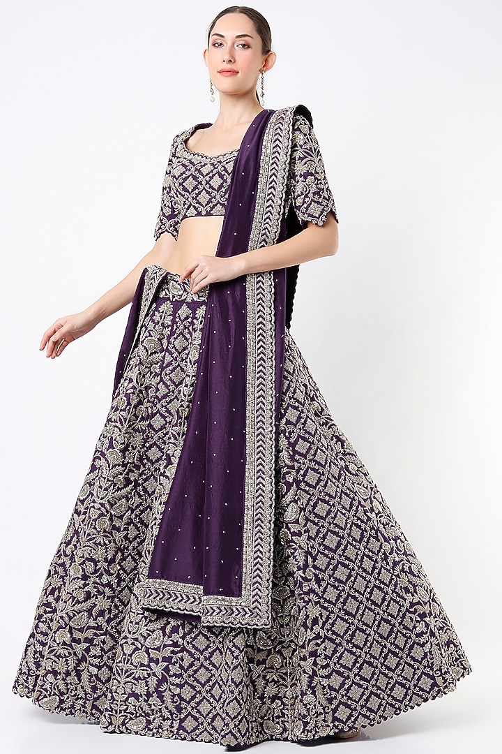 Purple Embroidered Panelled Bridal Lehenga Set by Mrunalini Rao at Pernia's Pop Up Shop