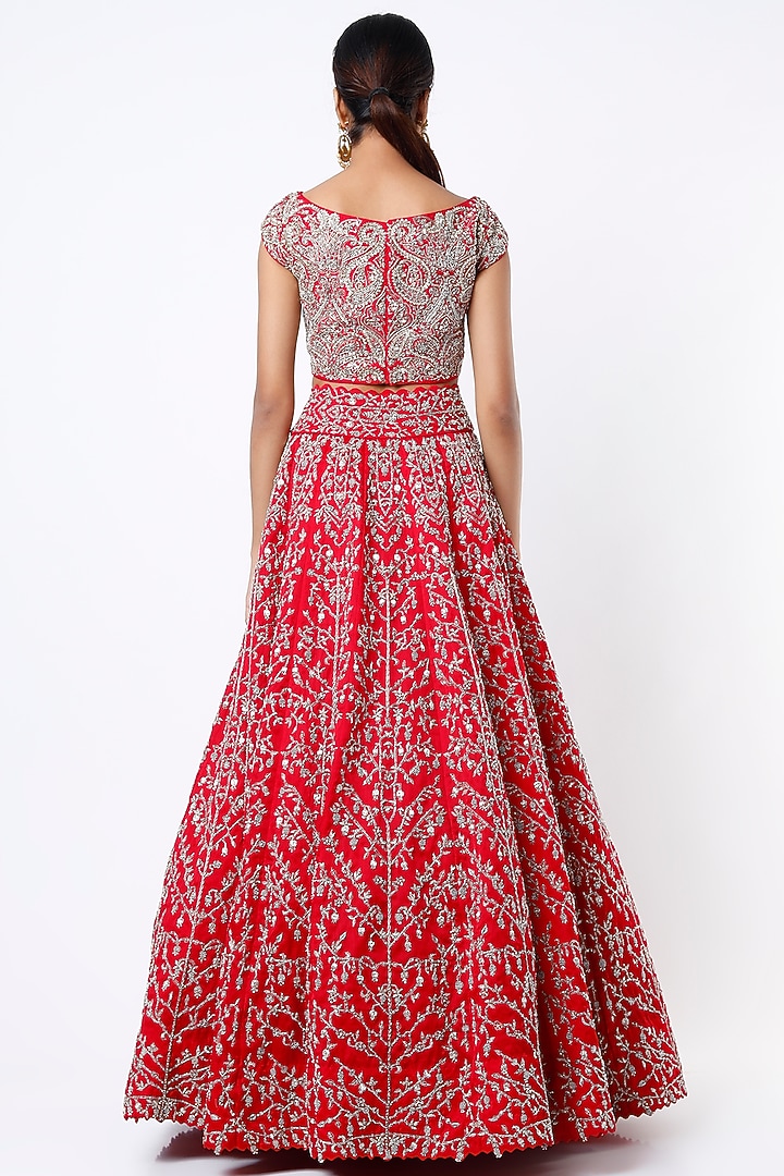 Reddish Pink Zardosi Embroidered Bridal Lehenga Set by Mrunalini Rao at Pernia's Pop Up Shop