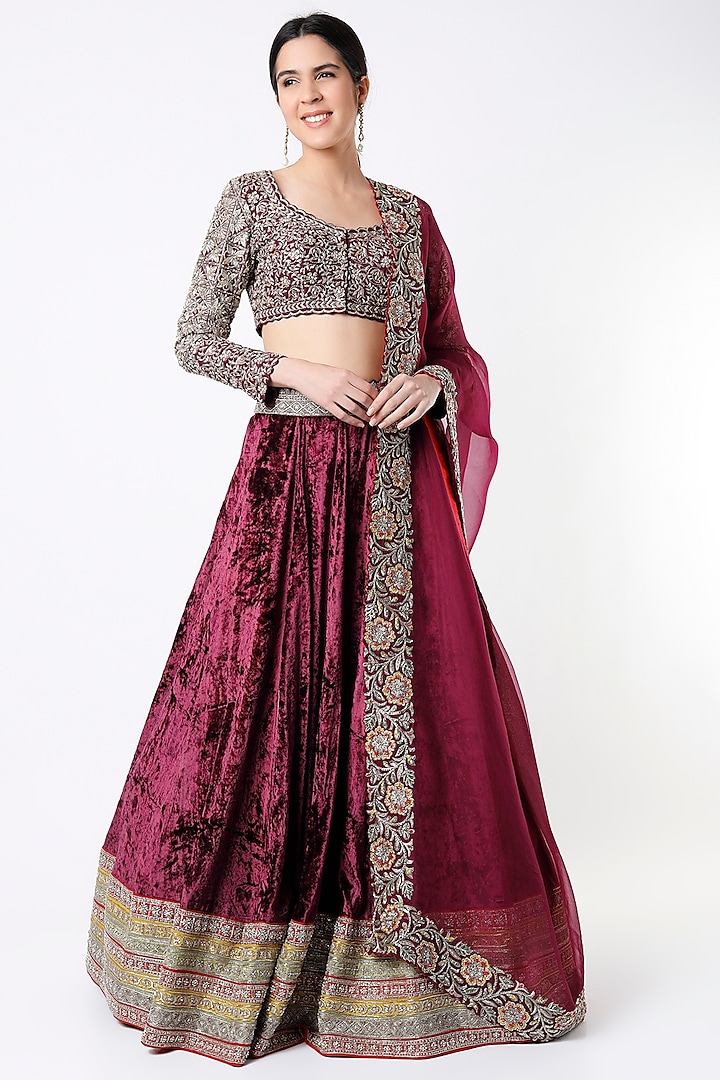 Plum Velvet Embroidered Bridal Lehenga Set by Mrunalini Rao at Pernia's Pop Up Shop