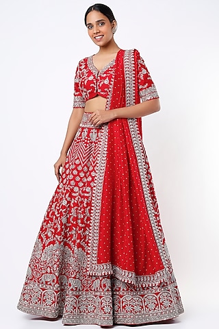 Fiery Red Zardosi Embroidered Lehenga Set by Mrunalini Rao