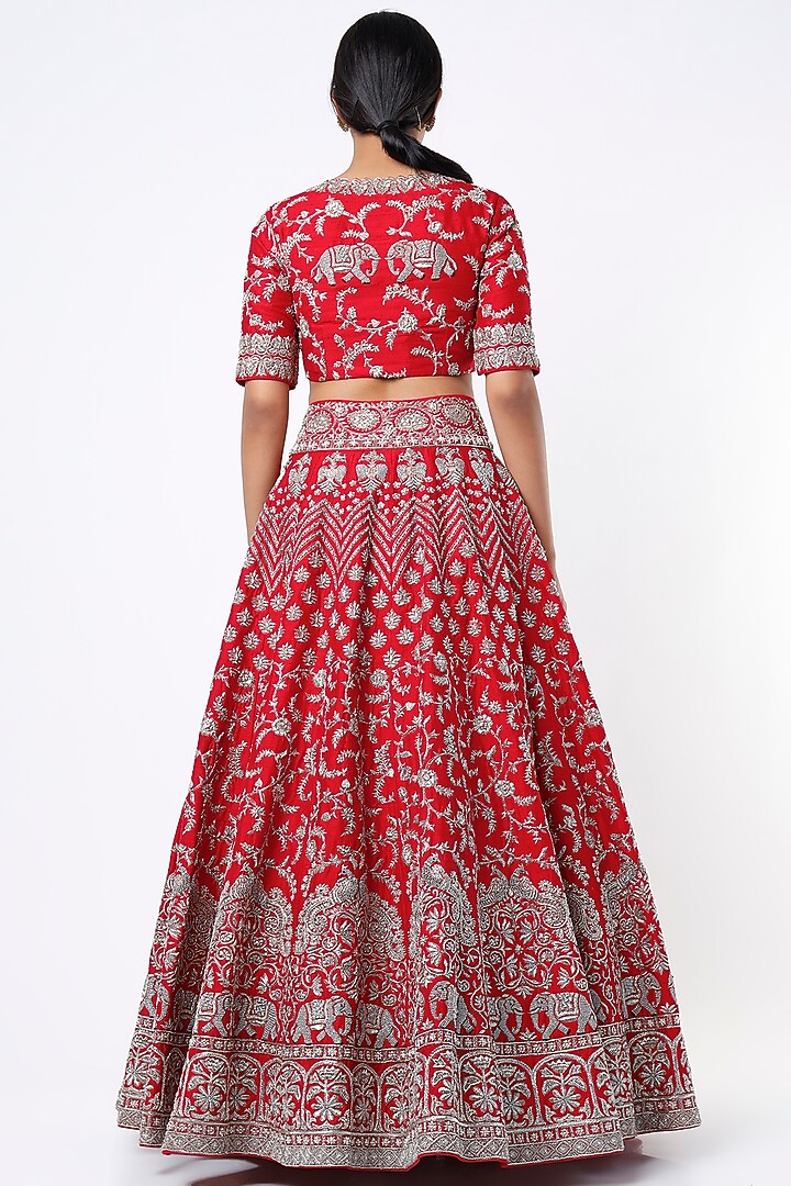 Fiery Red Zardosi Embroidered Bridal Lehenga Set by Mrunalini Rao at Pernia's Pop Up Shop