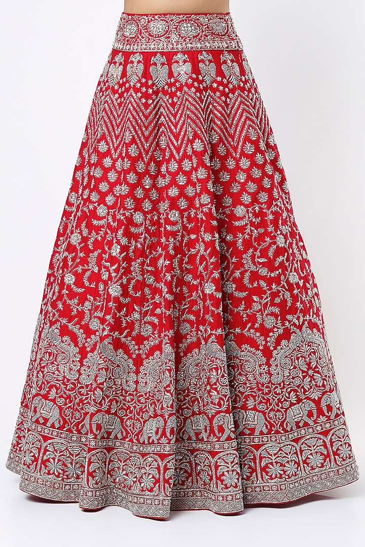 Fiery Red Zardosi Embroidered Bridal Lehenga Set by Mrunalini Rao at Pernia's Pop Up Shop
