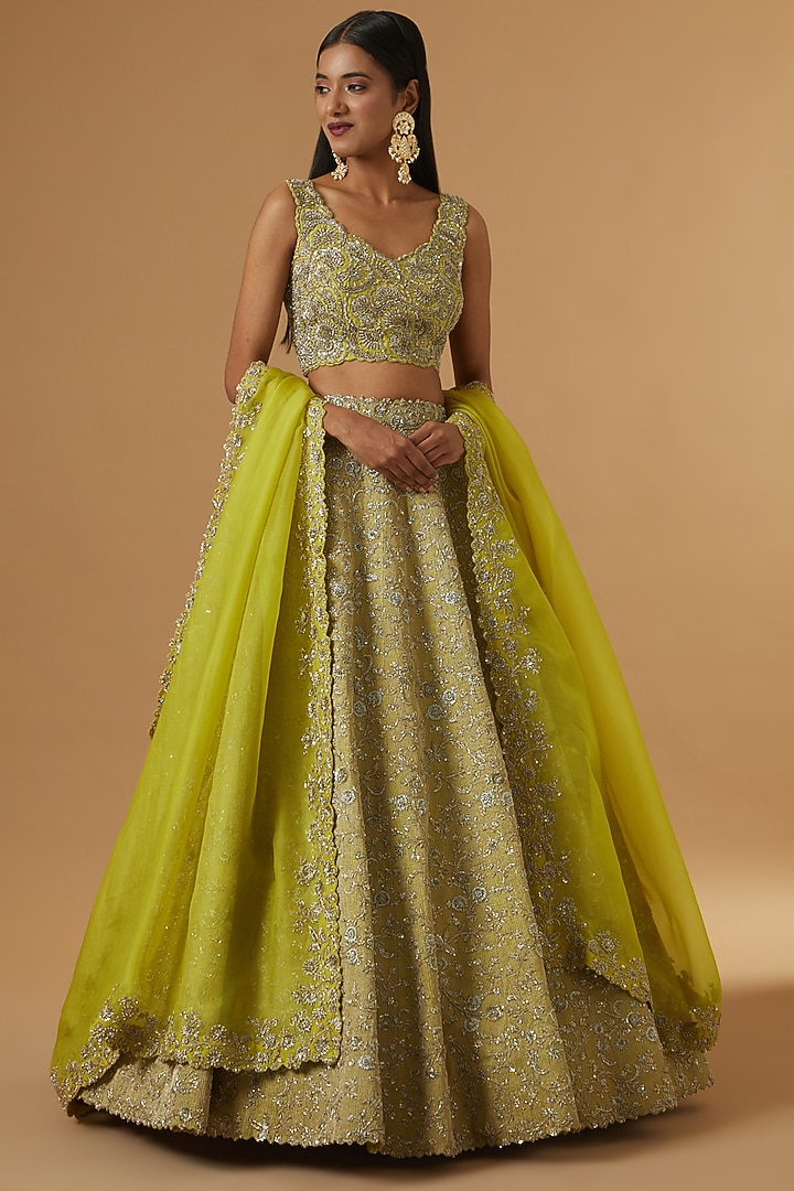 Parrot Green Embroidered Bridal Lehenga Set by Mrunalini Rao at Pernia ...