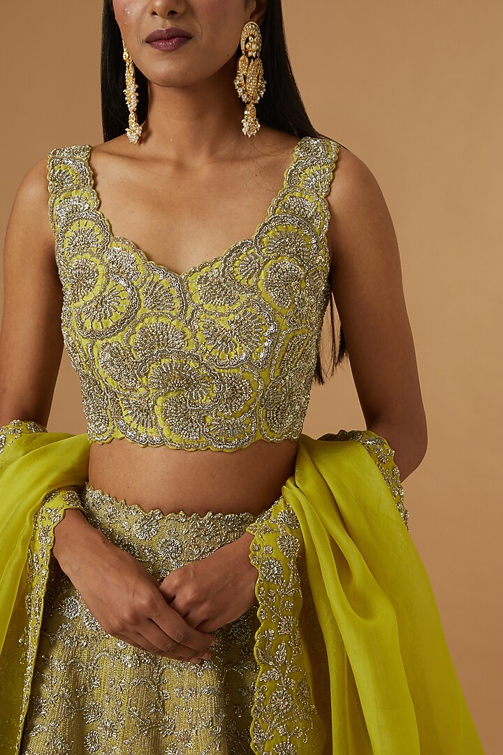 Parrot Green Embroidered Bridal Lehenga Set by Mrunalini Rao at Pernia's Pop Up Shop