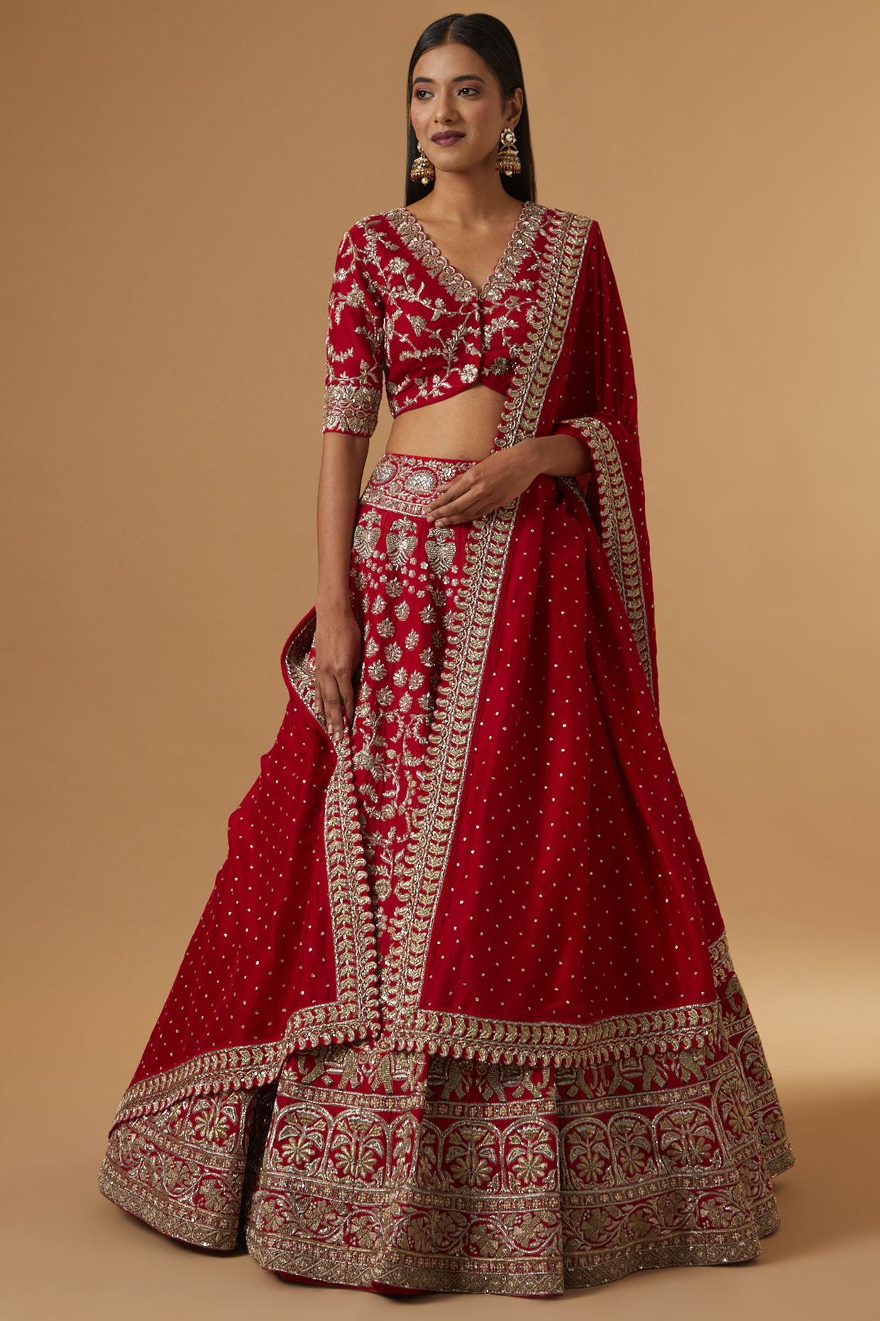 Red Raw Silk Bridal Lehenga Set by Mrunalini Rao at Pernia's Pop Up Shop