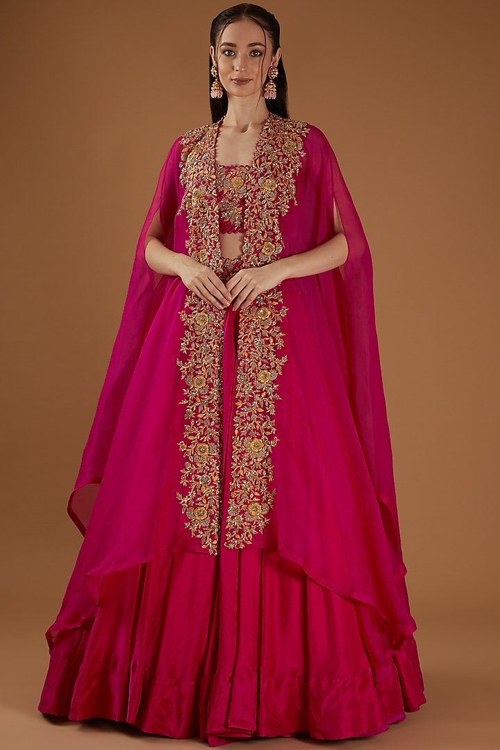 Red Embroidered Jacket Wedding Lehenga Set by Mrunalini Rao at Pernia's Pop Up Shop