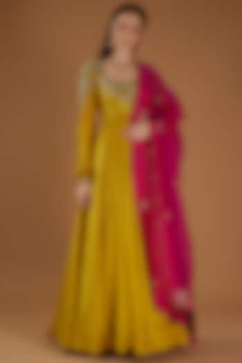 Yellow Raw Silk Zardosi Embroidered Anarkali Set by Mrunalini Rao