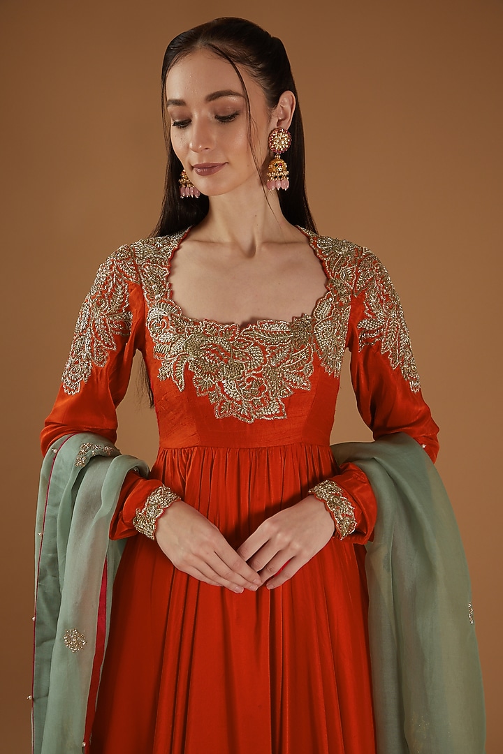 Orange Raw Silk Zardosi Embroidered Bridal Anarkali Set by Mrunalini Rao at Pernia's Pop Up Shop