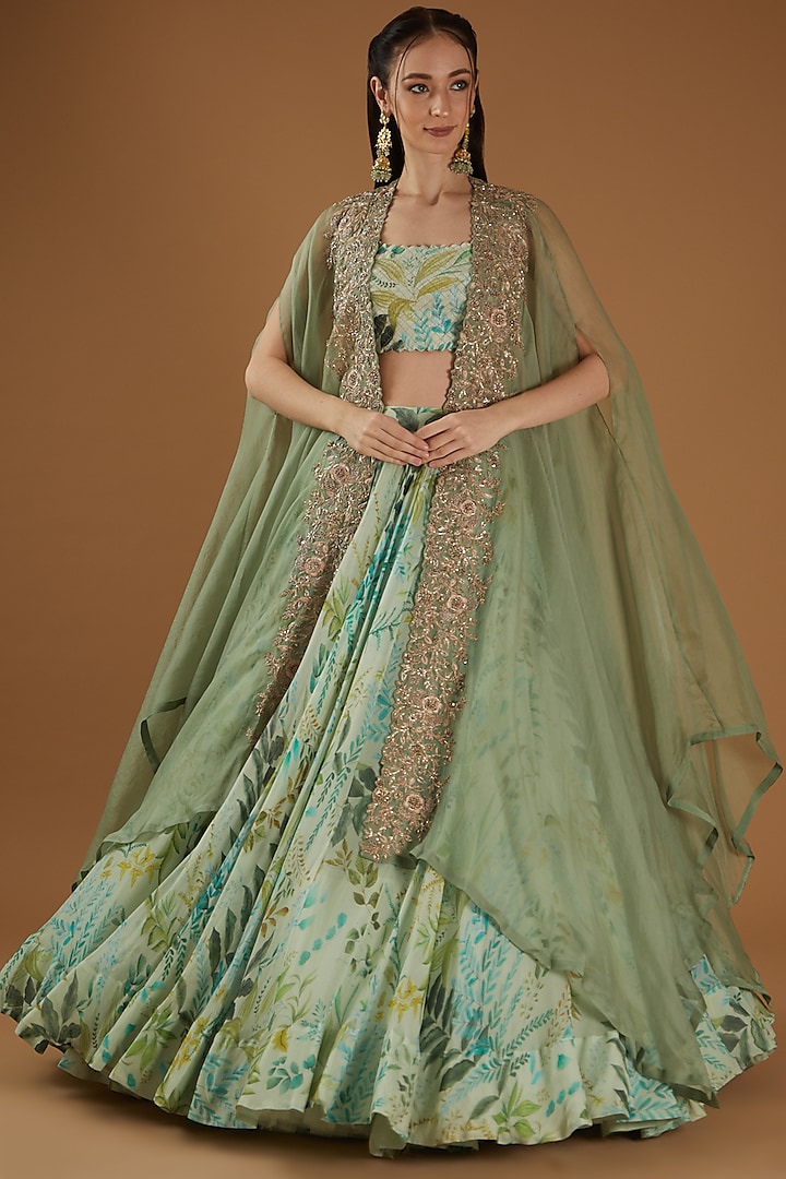 Mint Green Printed Jacket Lehenga Set by Mrunalini Rao