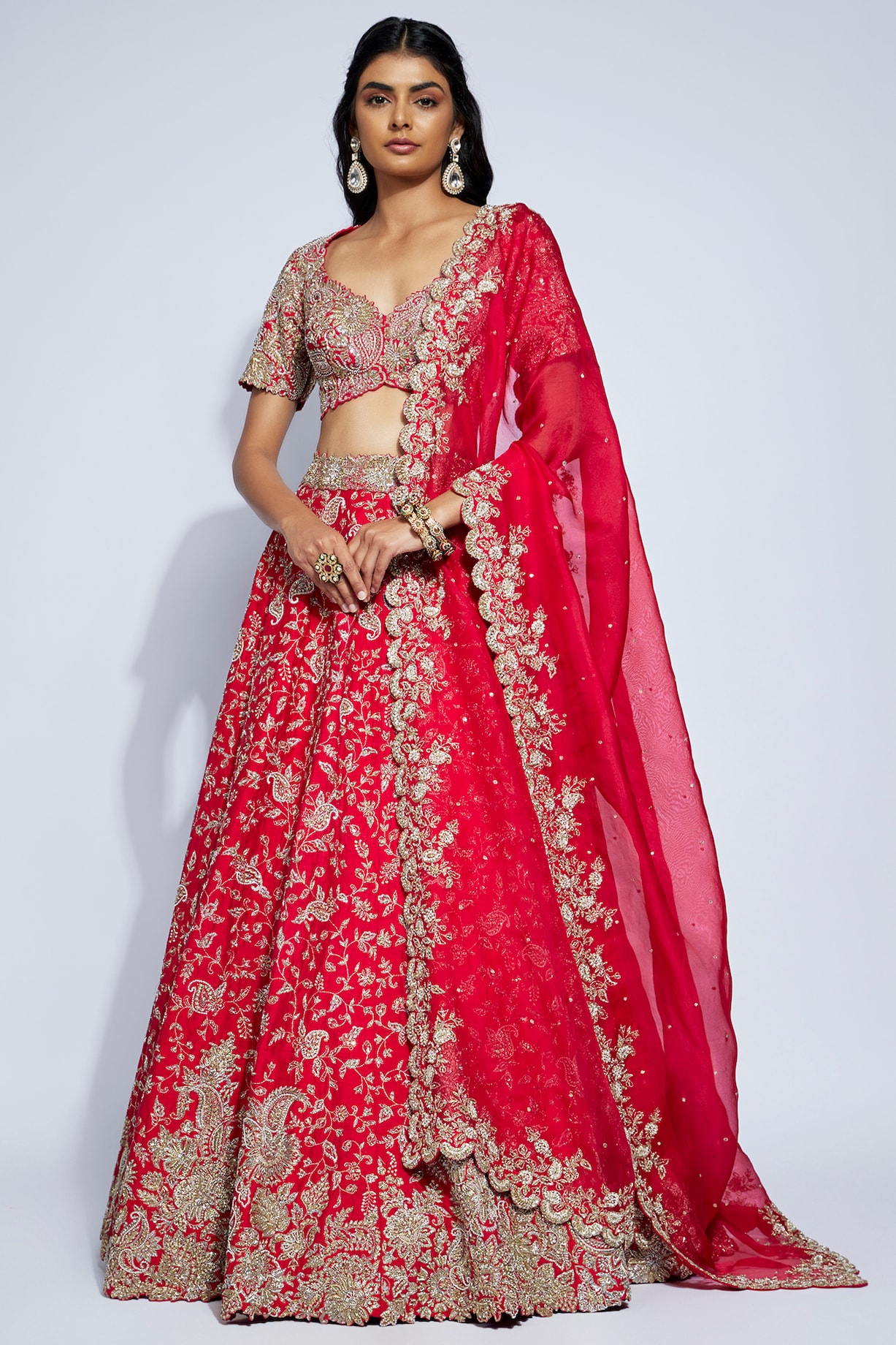 Red Raw Silk Resham And Zardosi Embroidered Bridal Lehenga Set By Mrunalini Rao At Pernias Pop Up 8067