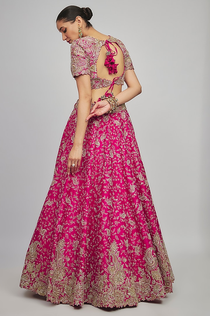 Hot Pink Raw Silk Zardosi Embroidered Bridal Lehenga Set by Mrunalini Rao at Pernia's Pop Up Shop