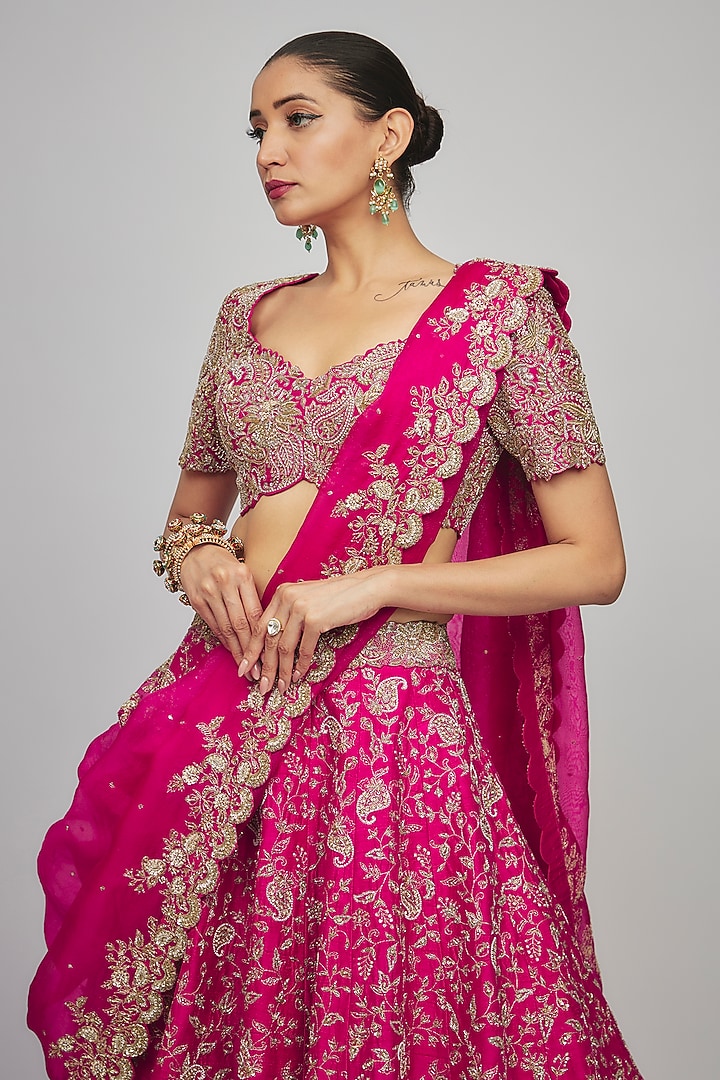 Hot Pink Raw Silk Zardosi Embroidered Bridal Lehenga Set by Mrunalini Rao at Pernia's Pop Up Shop