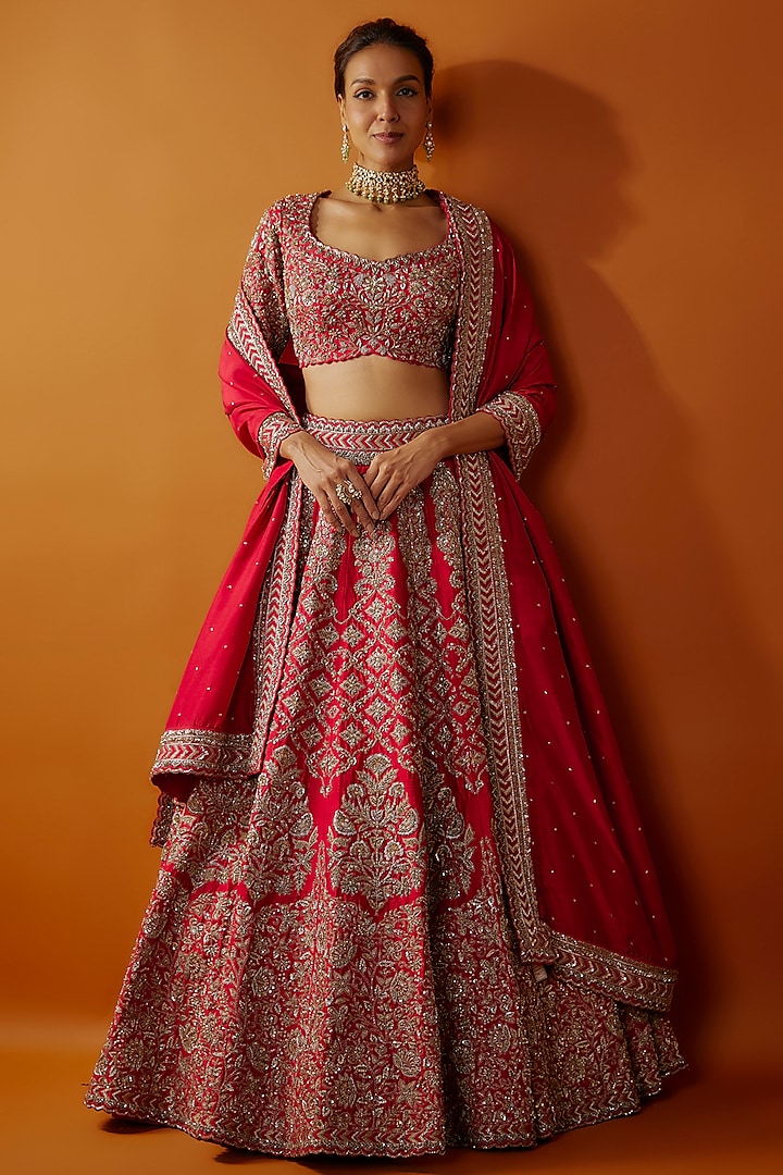 Red Raw Silk Zardosi Embroidered Bridal Lehenga Set by Mrunalini Rao at Pernia's Pop Up Shop