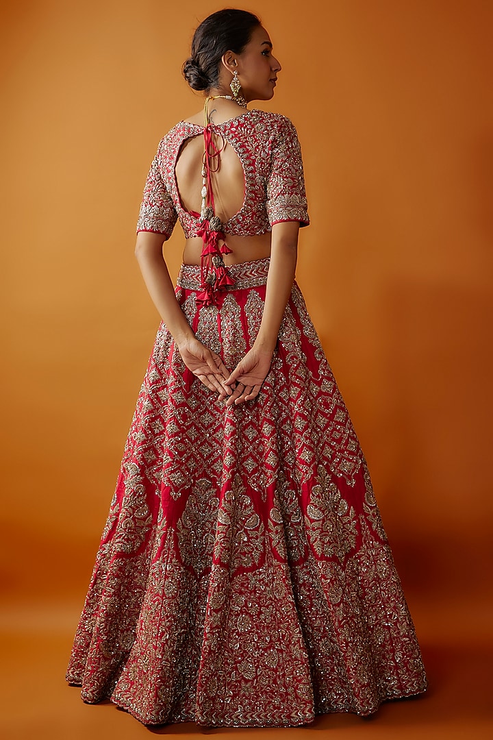 Red Raw Silk Zardosi Embroidered Bridal Lehenga Set by Mrunalini Rao at Pernia's Pop Up Shop