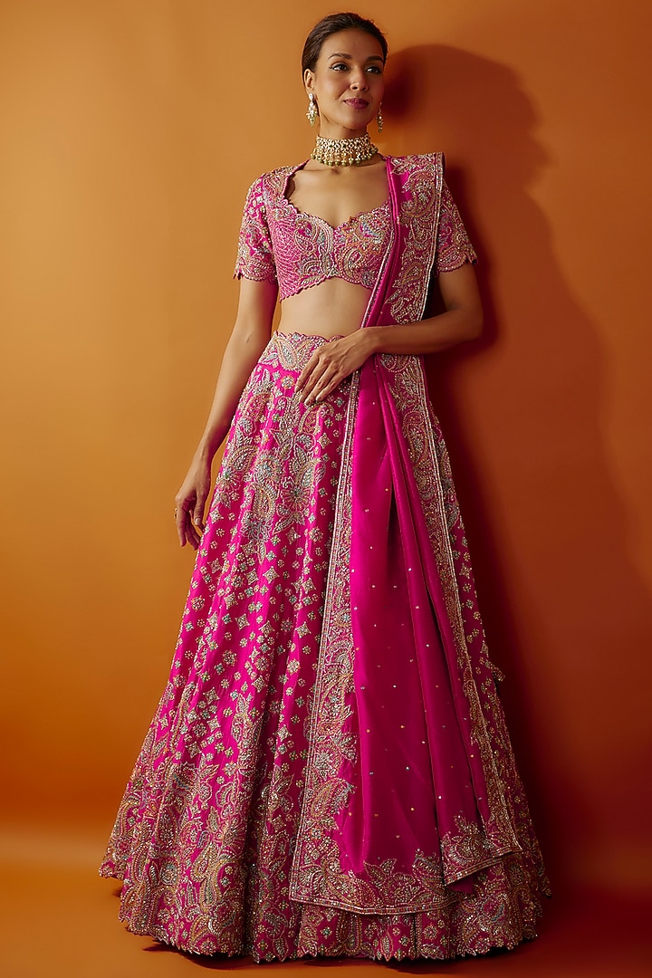 Hot Pink Pure Silk Zardosi Embroidered Bridal Lehenga Set by Mrunalini Rao at Pernia's Pop Up Shop