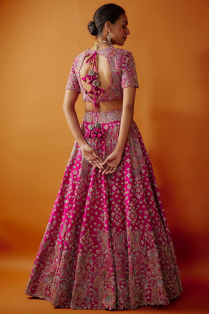 Hot Pink Pure Silk Zardosi Embroidered Bridal Lehenga Set by Mrunalini Rao at Pernia's Pop Up Shop