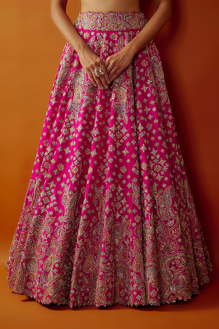 Hot Pink Pure Silk Zardosi Embroidered Bridal Lehenga Set by Mrunalini Rao at Pernia's Pop Up Shop