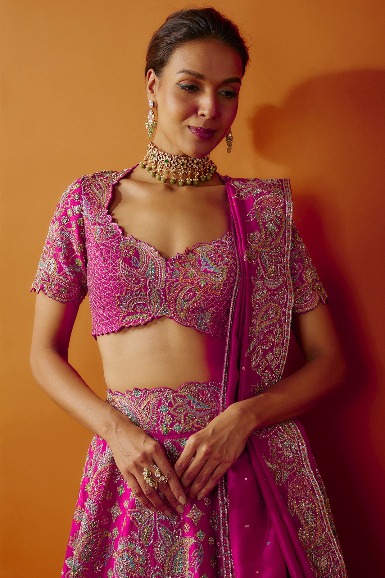 Lehenga - Hot Pink Embroidered Velvet Wedding Lehenga Choli