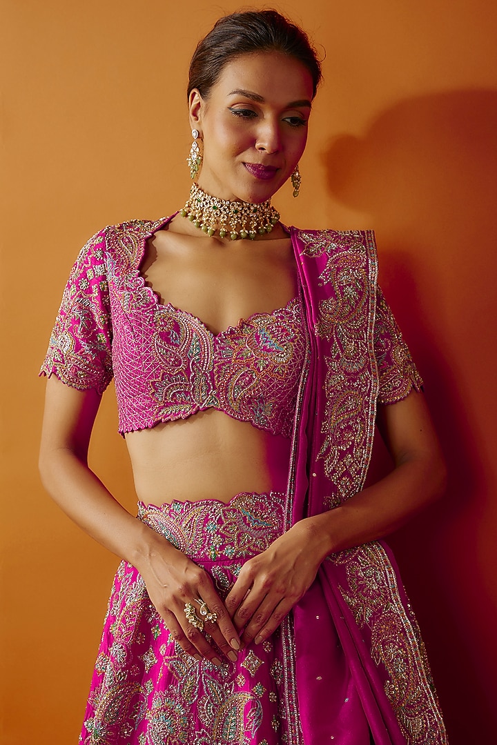 Hot Pink Pure Silk Zardosi Embroidered Bridal Lehenga Set by Mrunalini Rao at Pernia's Pop Up Shop