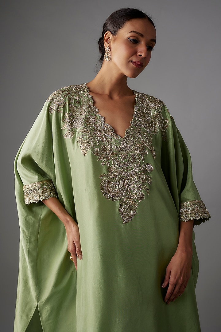 Sage Green Pure Silk Hand Embroidered Kurta Set by Mrunalini Rao at Pernia's Pop Up Shop