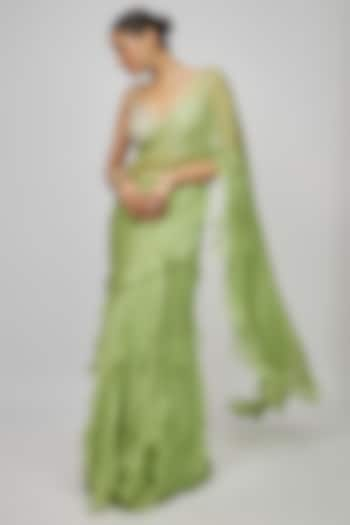 Sage Green Chiffon Ruffled Lehenga Saree Set by Mrunalini Rao