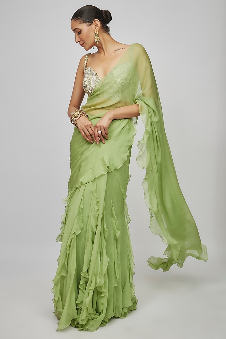 Sage Green Chiffon Ruffled Lehenga Saree Set by Mrunalini Rao