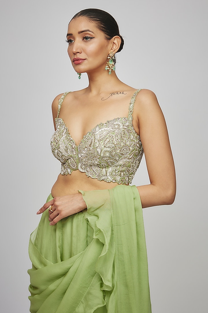 Sage Green Chiffon Ruffled Reception Lehenga Saree Set by Mrunalini Rao at Pernia's Pop Up Shop
