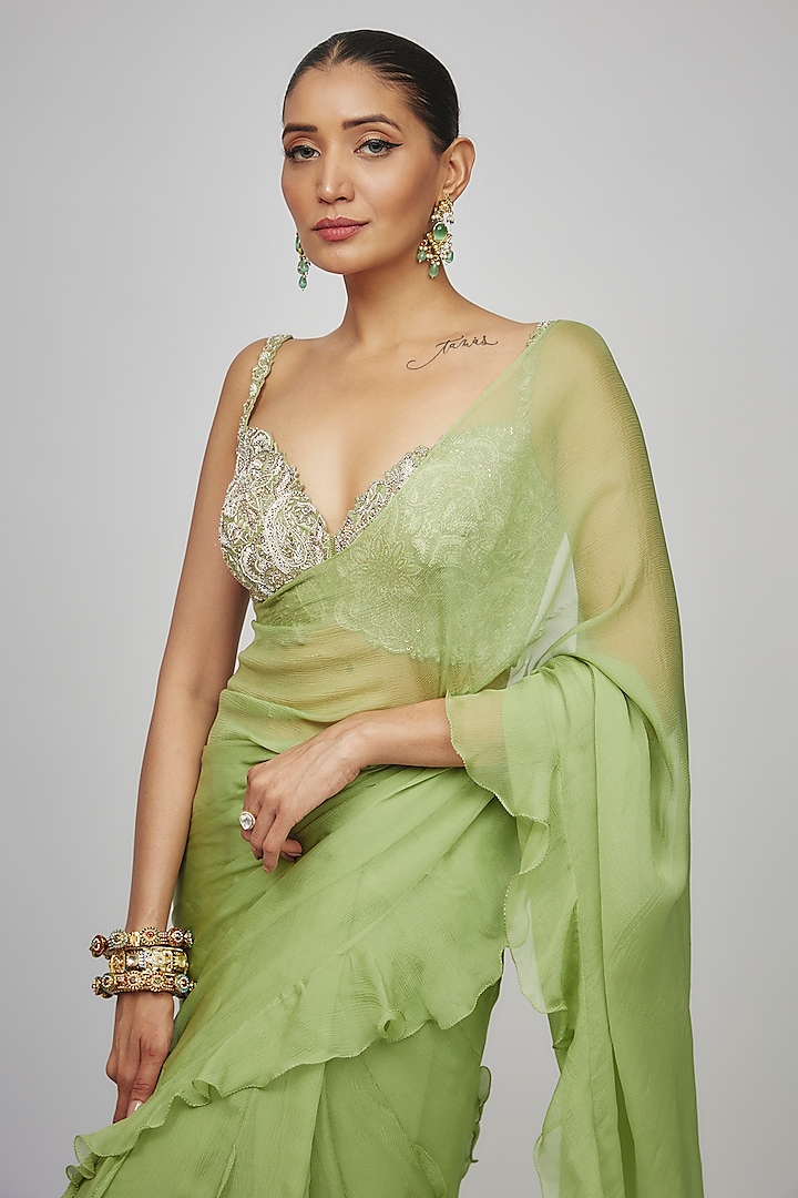 Sage Green Chiffon Ruffled Reception Lehenga Saree Set by Mrunalini Rao at Pernia's Pop Up Shop
