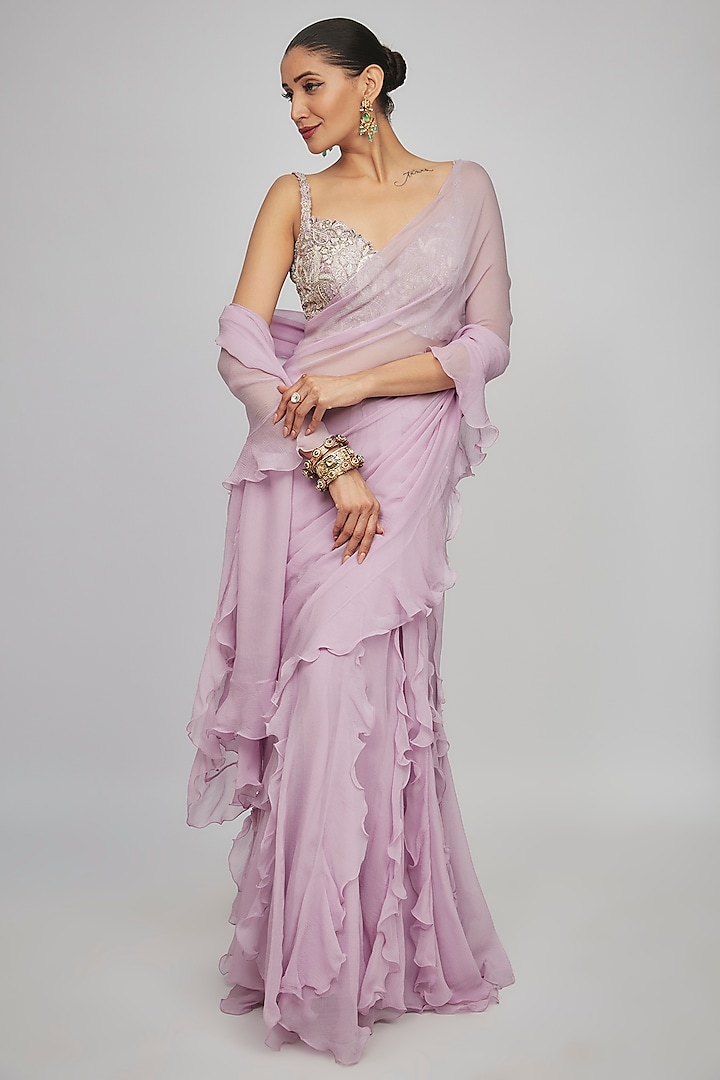 Lilac Chiffon Ruffled Lehenga Saree Set by Mrunalini Rao at Pernia's Pop Up Shop