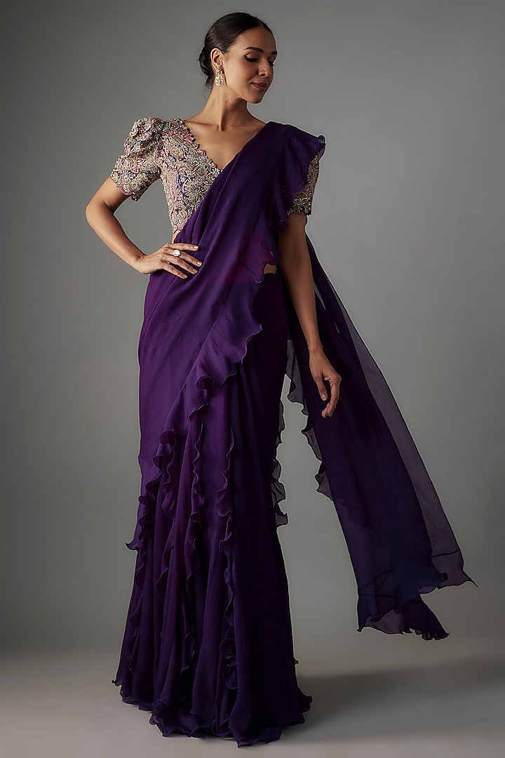 Purple Chiffon Ruffled Lehenga Saree Set by Mrunalini Rao at Pernia's Pop Up Shop