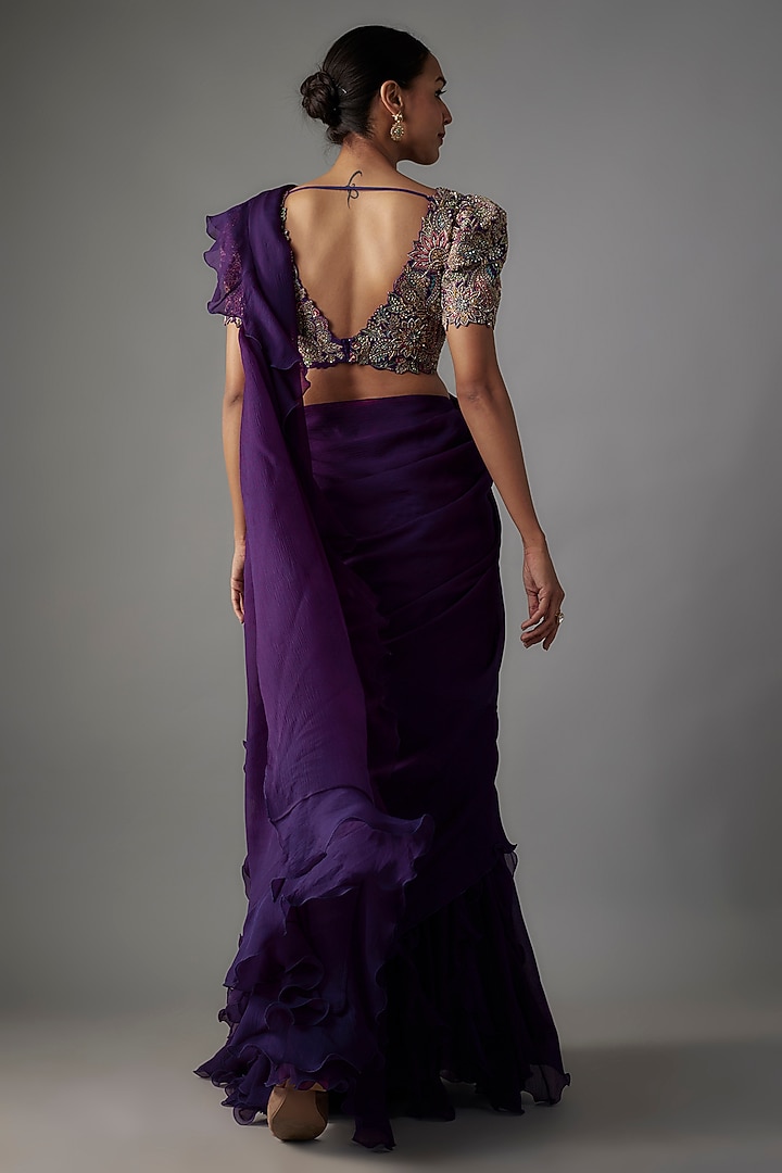 Purple Chiffon Ruffled Reception Lehenga Saree Set by Mrunalini Rao at Pernia's Pop Up Shop