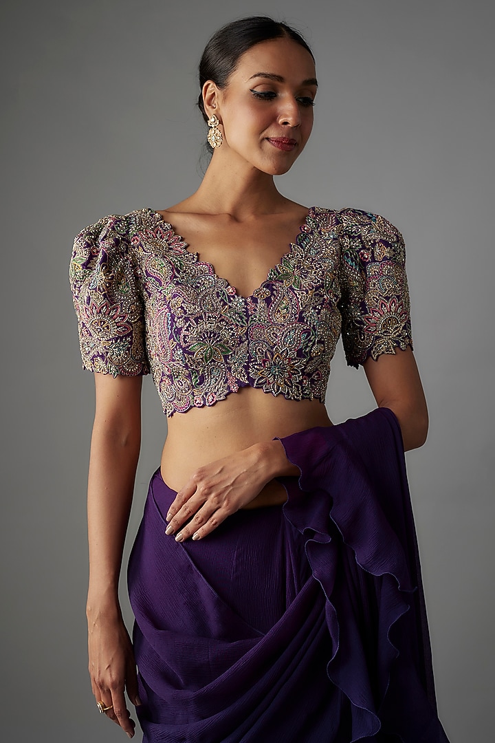 Purple Chiffon Ruffled Reception Lehenga Saree Set by Mrunalini Rao at Pernia's Pop Up Shop