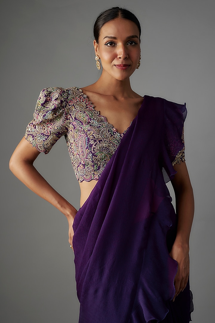 Purple Chiffon Ruffled Reception Lehenga Saree Set by Mrunalini Rao at Pernia's Pop Up Shop
