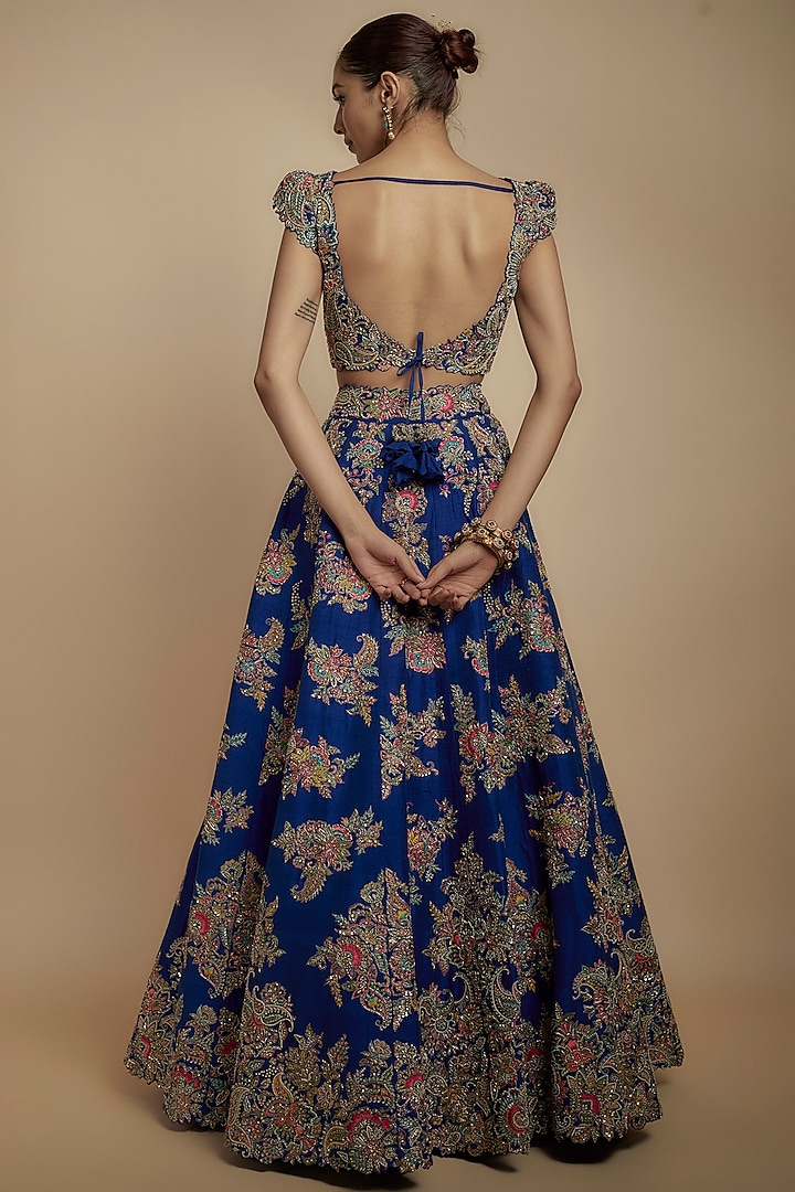 Royal Blue Raw Silk Resham Embroidered Bridal Lehenga Set by Mrunalini Rao at Pernia's Pop Up Shop