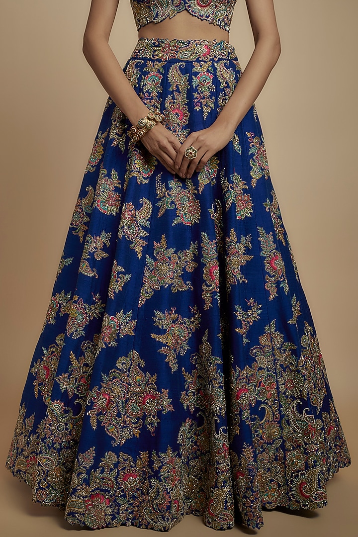 Royal Blue Raw Silk Resham Embroidered Bridal Lehenga Set by Mrunalini Rao at Pernia's Pop Up Shop