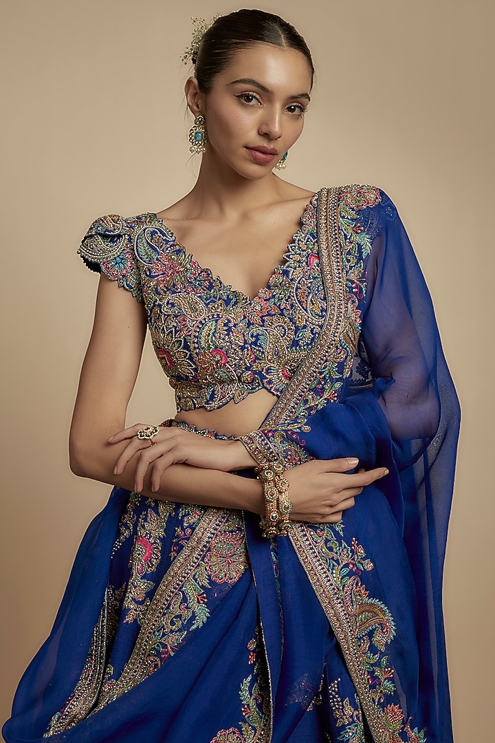 Royal Blue Raw Silk Resham Embroidered Bridal Lehenga Set by Mrunalini Rao at Pernia's Pop Up Shop