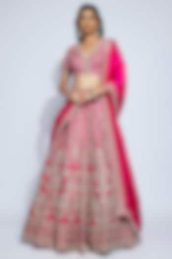 Hot Pink Raw Silk Badla & Zardosi Embroidered Bridal Lehenga Set by Mrunalini Rao at Pernia's Pop Up Shop