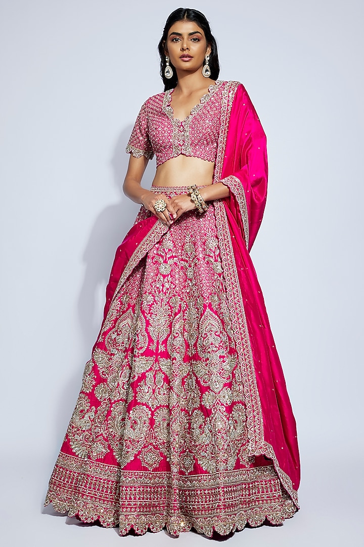 Hot Pink Raw Silk Badla & Zardosi Embroidered Bridal Lehenga Set by Mrunalini Rao at Pernia's Pop Up Shop