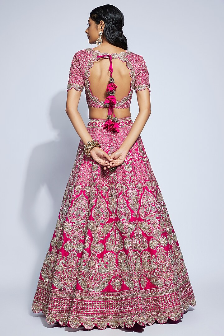 Hot Pink Raw Silk Badla & Zardosi Embroidered Bridal Lehenga Set by Mrunalini Rao at Pernia's Pop Up Shop