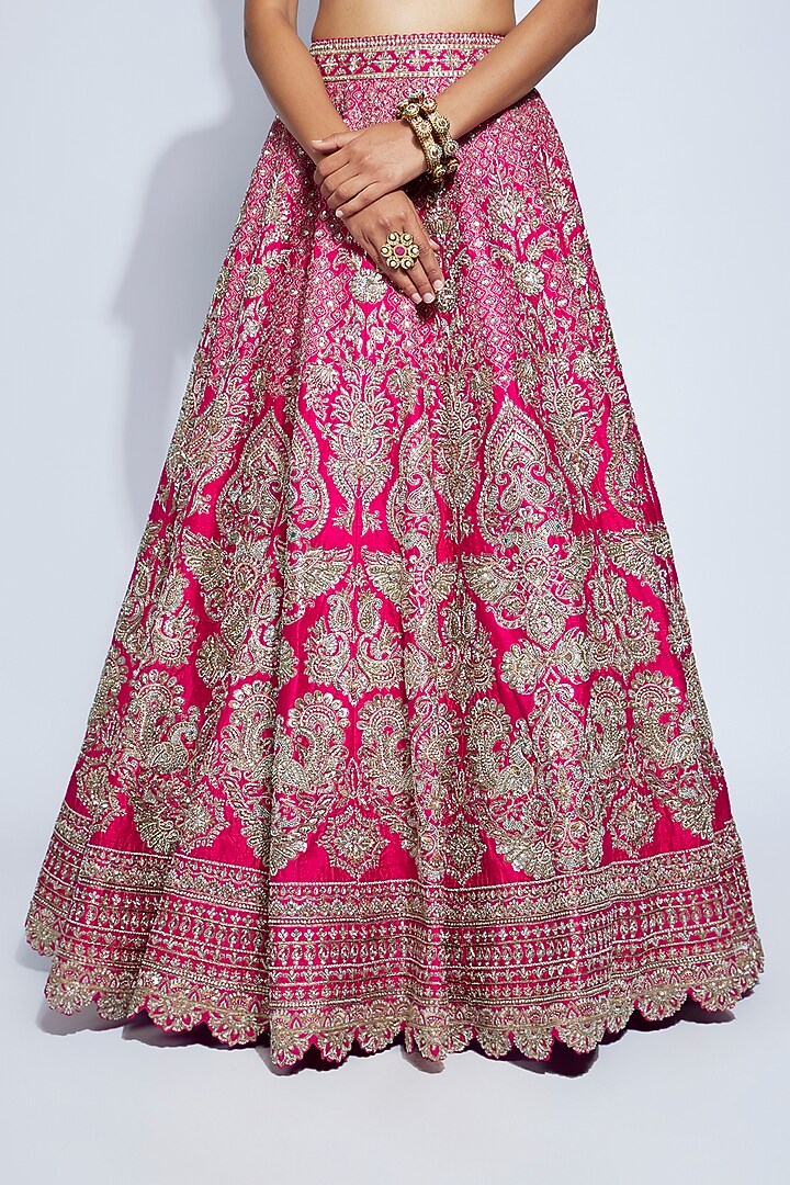 Hot Pink Raw Silk Badla & Zardosi Embroidered Bridal Lehenga Set by Mrunalini Rao at Pernia's Pop Up Shop