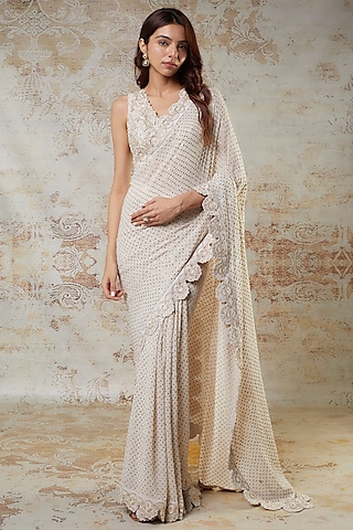 Ivory Georgette Zardosi & Pearl Hand Embroidered Saree Set by Mrunalini Rao