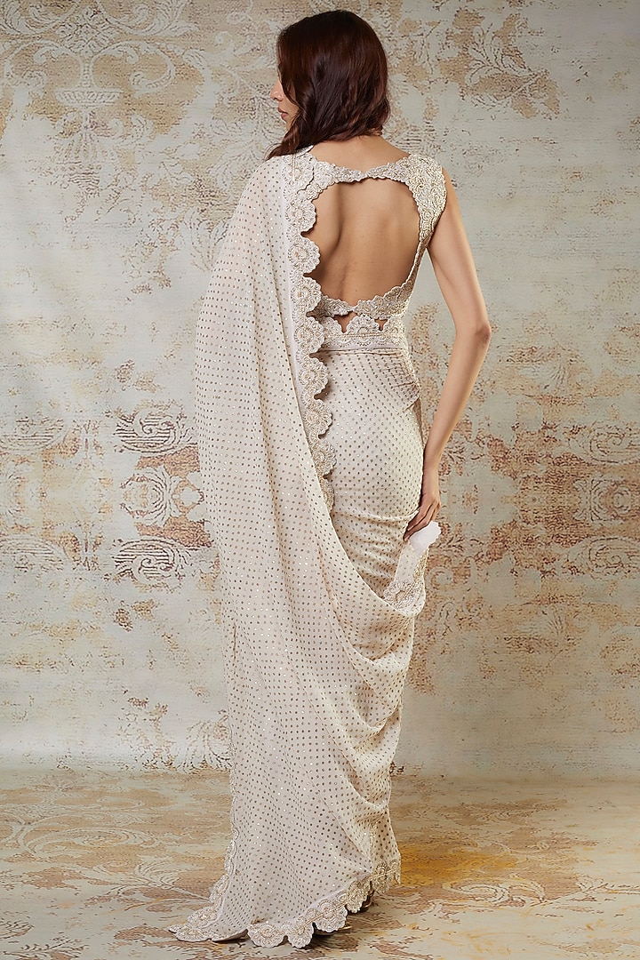 Ivory Georgette Zardosi & Pearl Hand Embroidered Bridal Saree Set by Mrunalini Rao at Pernia's Pop Up Shop