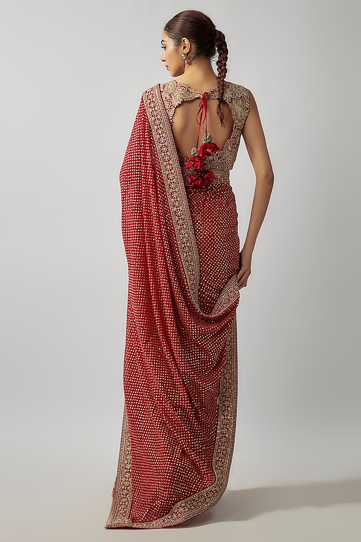 Red Georgette Zardosi & Pearl Embroidered Handcrafted Bridal Saree Set by Mrunalini Rao at Pernia's Pop Up Shop