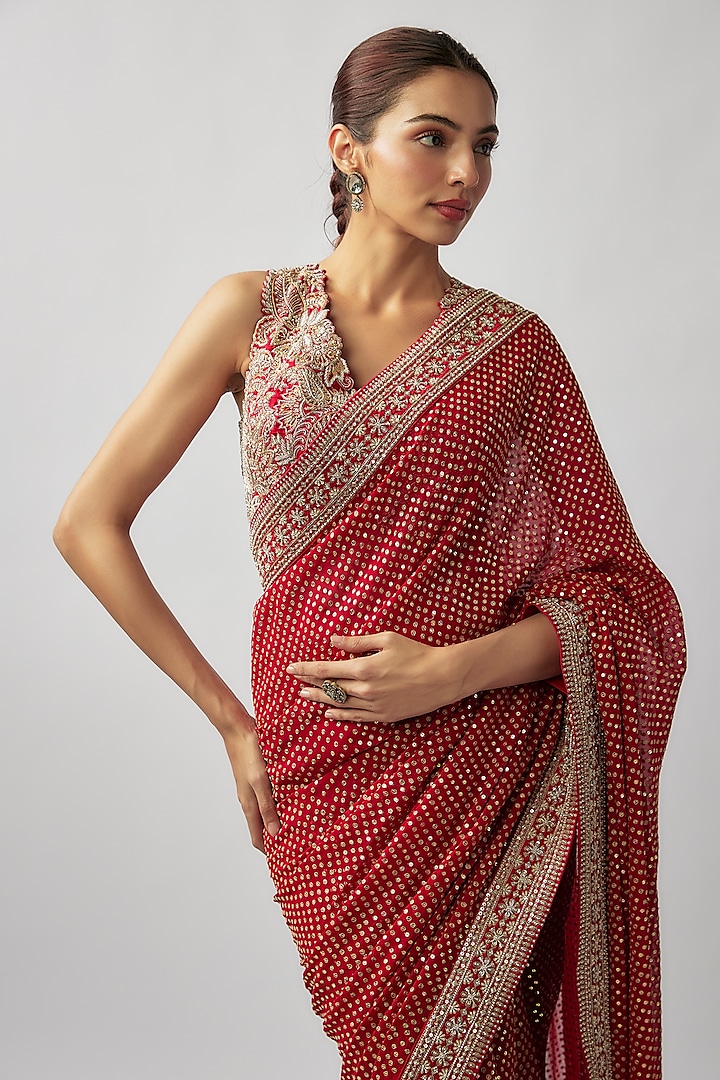 Red Georgette Zardosi & Pearl Embroidered Handcrafted Bridal Saree Set by Mrunalini Rao at Pernia's Pop Up Shop
