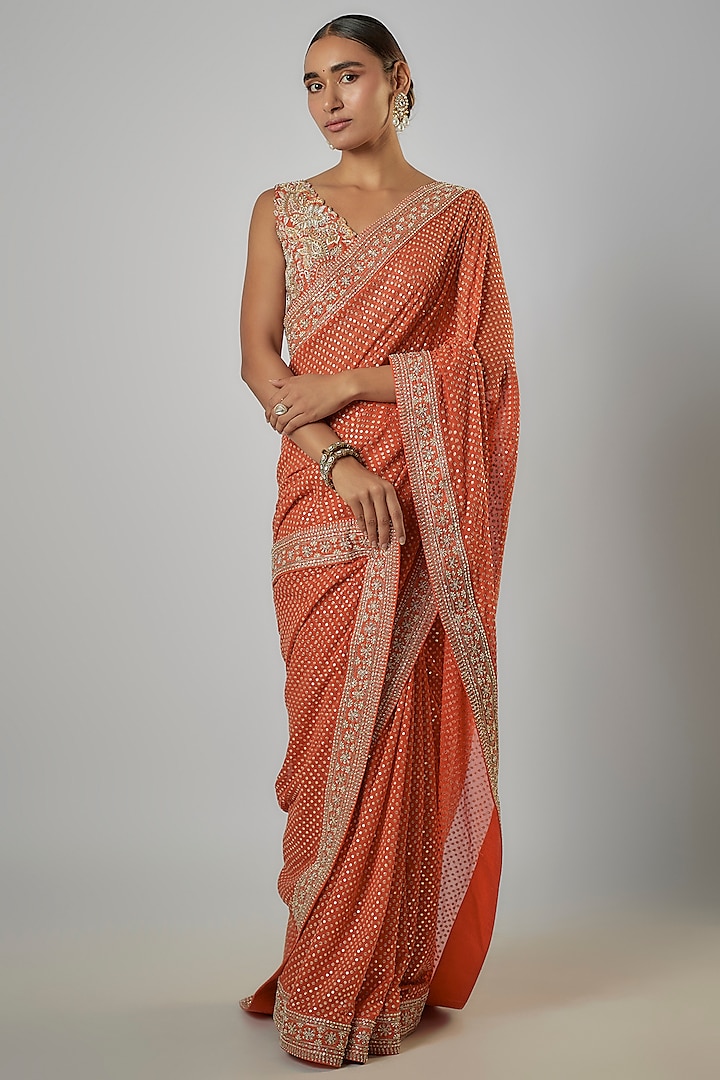 Orange Georgette Zardosi & Pearl Embroidered Handcrafted Bridal Saree Set by Mrunalini Rao at Pernia's Pop Up Shop