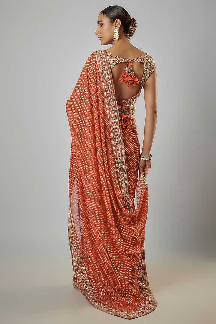 Orange Georgette Zardosi & Pearl Embroidered Handcrafted Bridal Saree Set by Mrunalini Rao at Pernia's Pop Up Shop